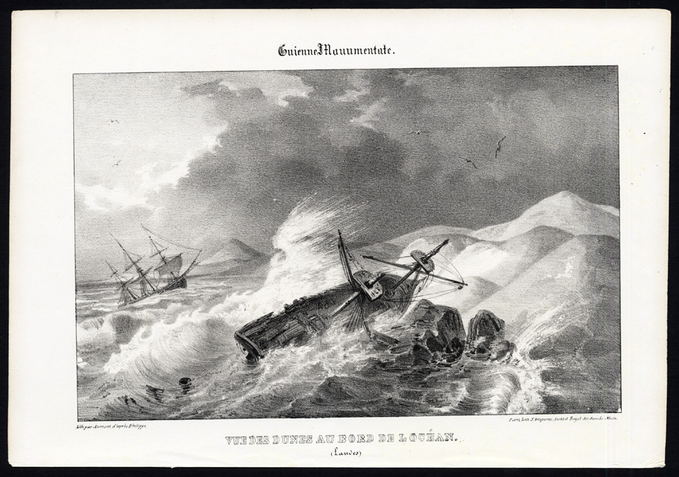 , Antique Print-VIEW OF THE DUNES-PYLA-OCEAN-AQUITAINE-SHIP-FRANCE-Ducourneau-1842, Pictura Antique Prints