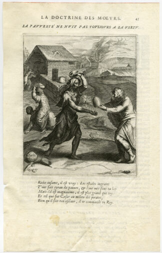 Antique Print-POVERTY-VIRTUE-PURSE WITH HOLE-BEEHIVE-van Veen-Daret-1646