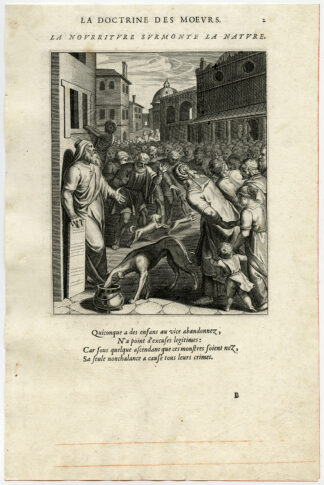 Antique Print-NATURE-NURTURE-DOG-CROWDED SQUARE-CHASE-RABBIT-van Veen-Daret-1646