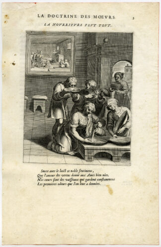 Antique Print-NURTURE-MILK-TEACHING-JUG-BOWL-van Veen-Daret-1646