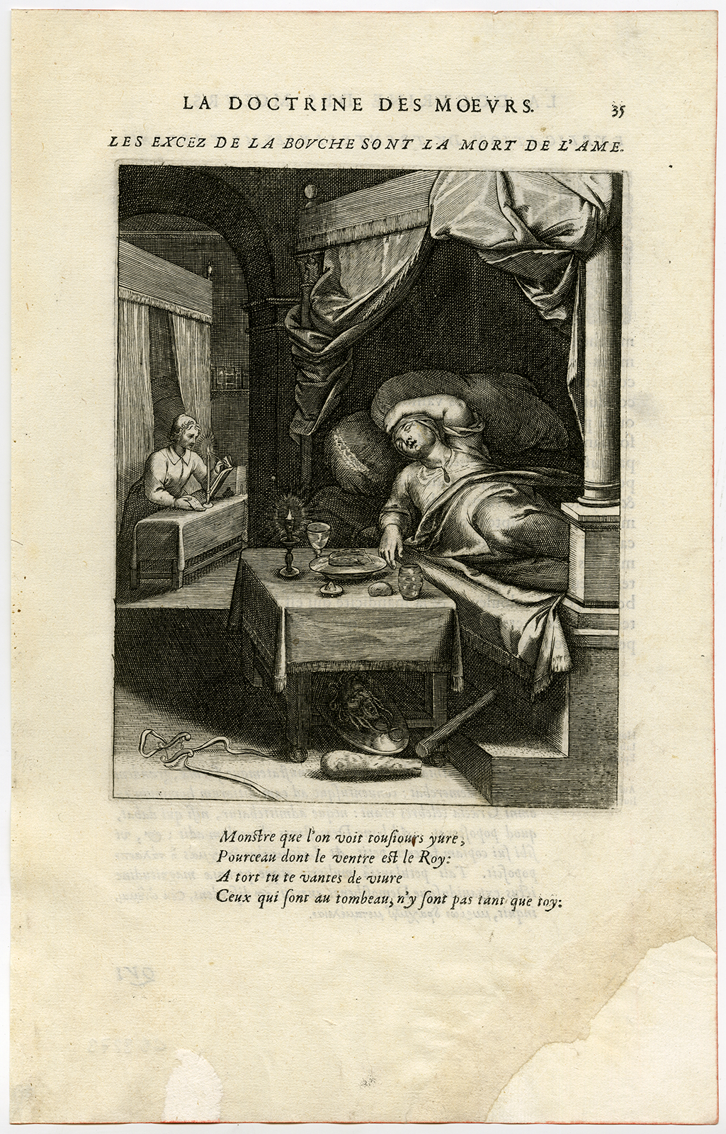 , Antique Print-EXCESS OF MOUTH-DEATH OF SOUL-AEGIS-ACCOUNTING-van Veen-Daret-1646, Pictura Antique Prints