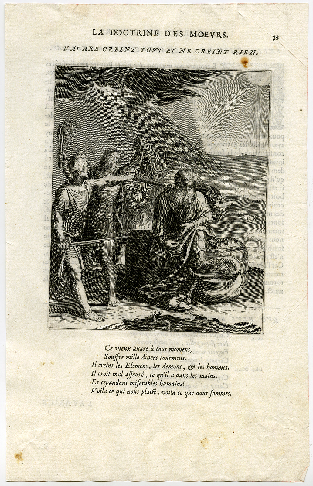 , Antique Print-COUNT MONEY-THREATEN-SWORDS-CHAINS-WHIP-CHEST-van Veen-Daret-1646, Pictura Antique Prints