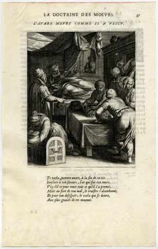 Antique Print-MISER-DEATH-COINBAG-APOTHECARY-van Veen-Daret-1646