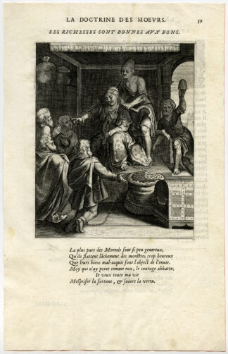 Antique Print-QUEEN-YOKE-CHAIN-KNEELING-SACK OF COINS-van Veen-Daret-1646