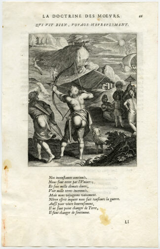 Antique Print-LIVE WELL TRAVEL HAPPILY-HUNTERS-BOW AND ARROW-van Veen-Daret-1646