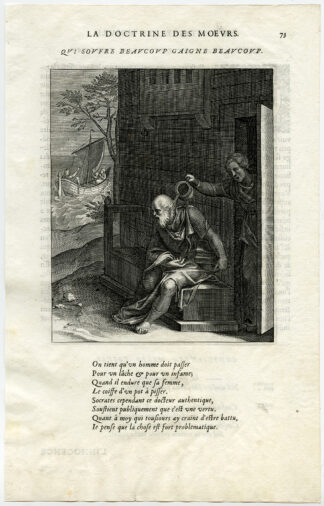 Antique Print-SUFFER MUCH-GAIN-WOMAN-DOORWAY-POUR WATER-HEAD-van Veen-Daret-1646