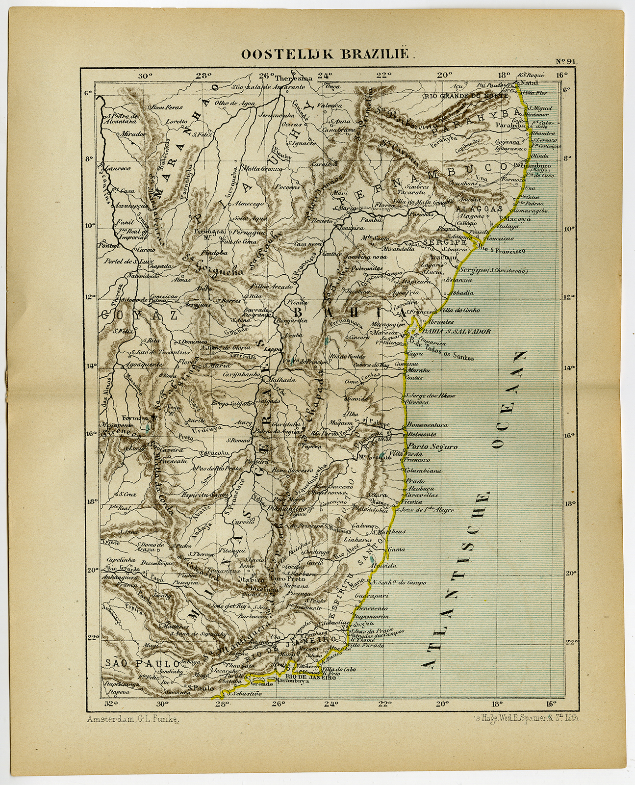 , Antique Map-BRASIL-ATLANTIC COAST-RECIFE-RIO DE JANEIRO-Kuyper-1882, Pictura Antique Prints