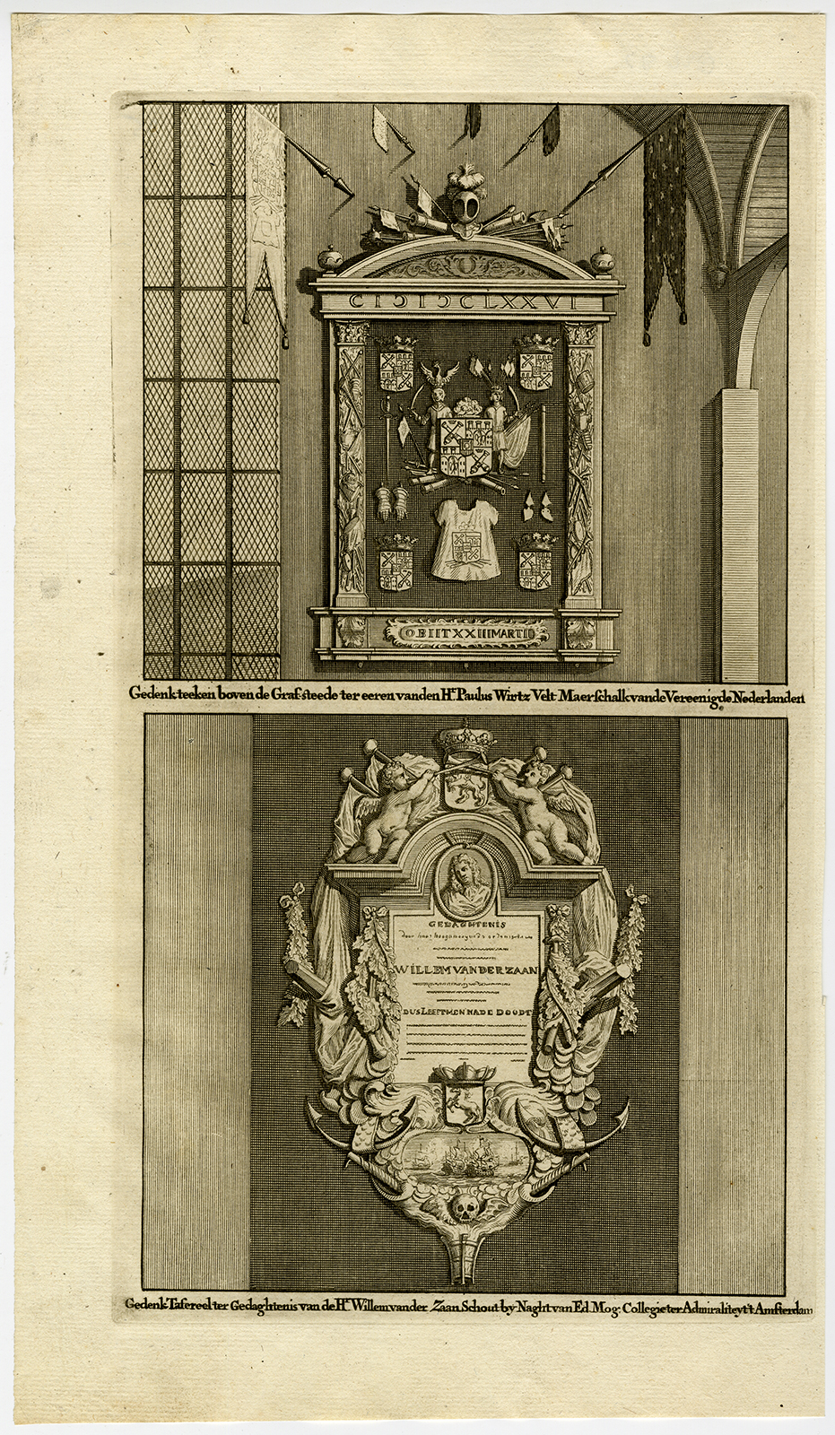 , Antique Print-NEW CHURCH-GRAVE MONUMENTS -WIRTZ-ZAAN-AMSTERDAM-Commelin-1726, Pictura Antique Prints
