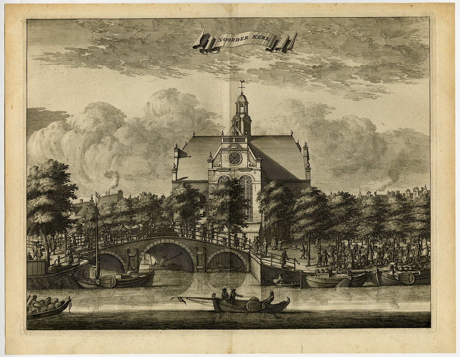 , Antique Print-NOORDERKERK-AMSTERDAM-MARKET-PRINSENGRACHT-Commelin-1726, Pictura Antique Prints