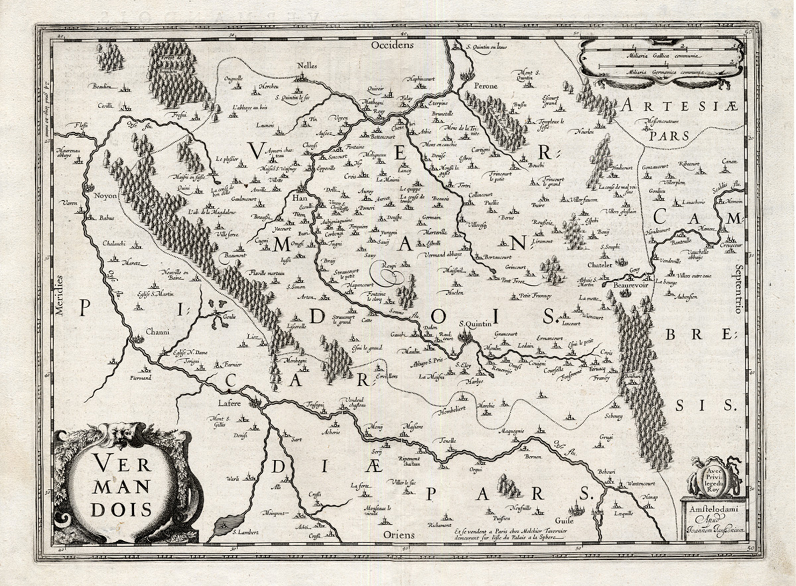 , Antique Map-FRANCE-VERMANDOIS-Hondius-1636, Pictura Antique Prints