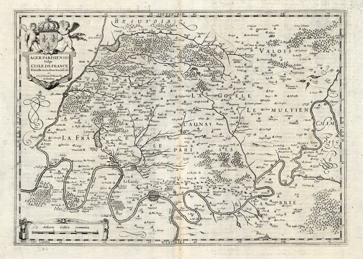 , Antique Map-FRANCE-PARIS-ISLE DE FRANCE-Hondius-1636, Pictura Antique Prints