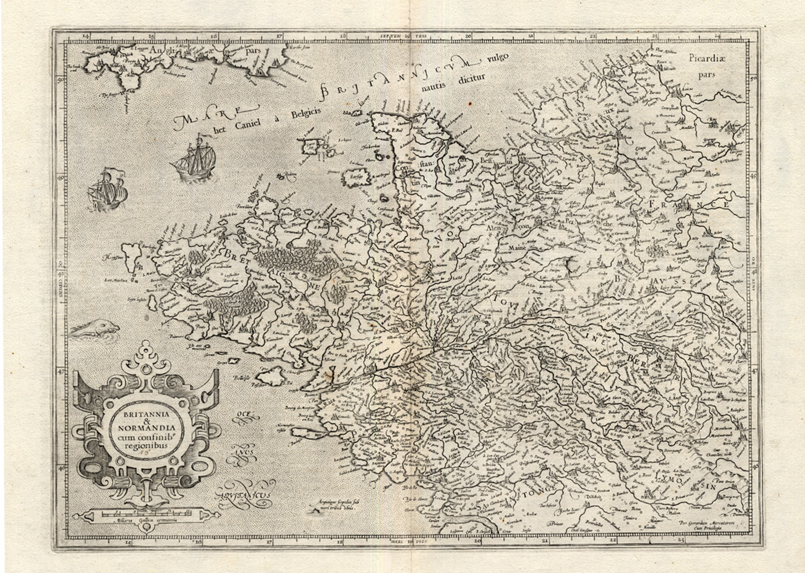 , Antique Map-FRANCE-BRITTANY-NORMANDY-Mercator-1636, Pictura Antique Prints