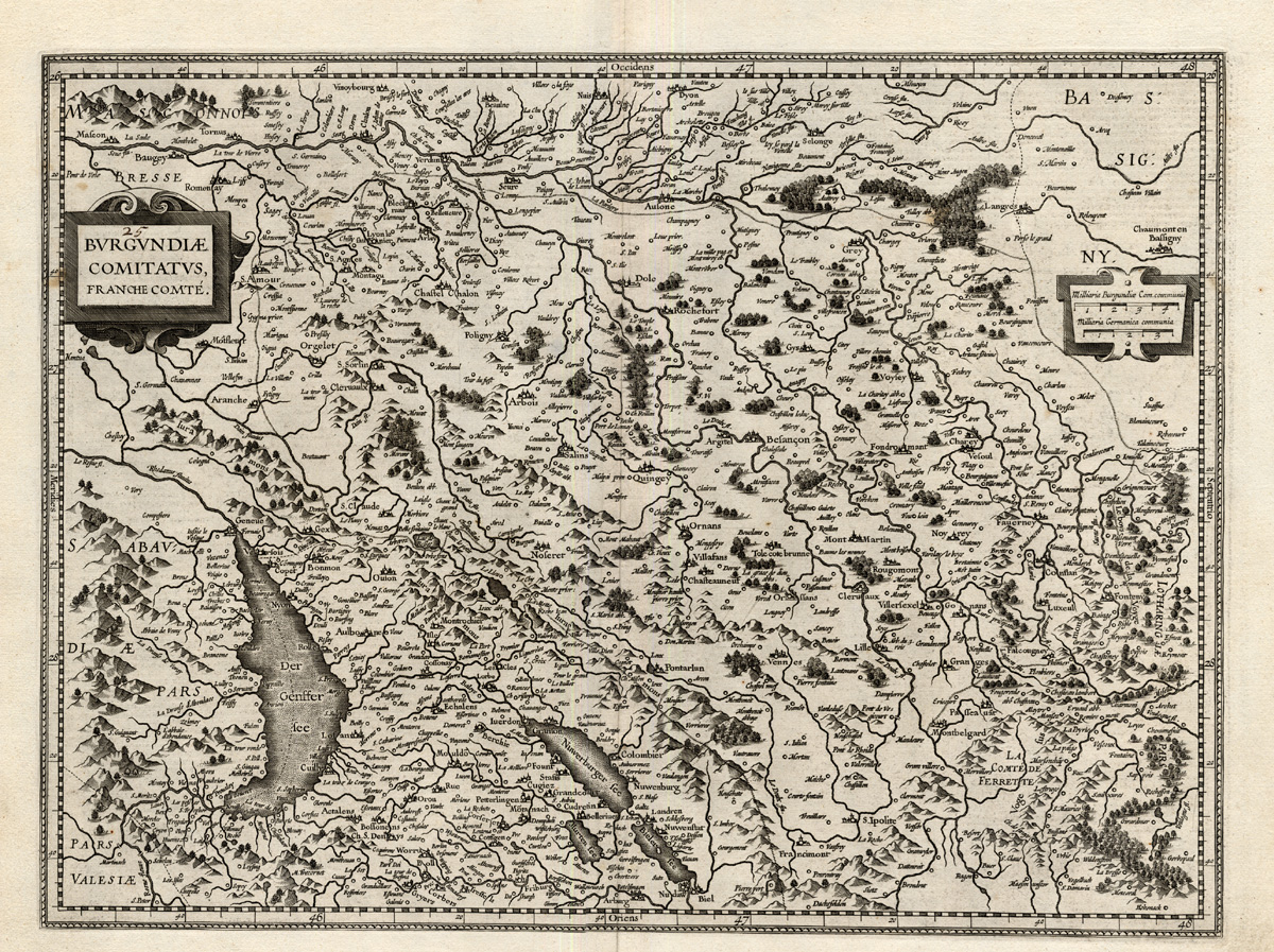 , Antique Map-BURGUNDY-FRANCHE COMTE-FRANCE-Hondius-1636, Pictura Antique Prints