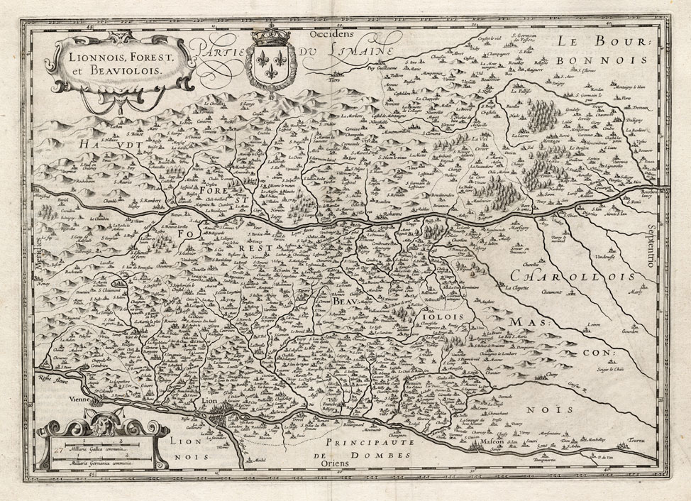 , Antique Map-FRANCE-LYON-BEAUJOLAIS-Hondius-Jansson-1633, Pictura Antique Prints