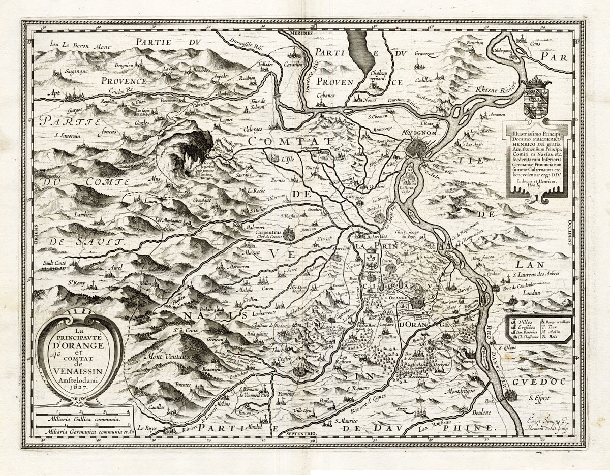 , Antique Map-FRANCE-ORANGE-AVIGNON-Hondius-Jansson-1636, Pictura Antique Prints