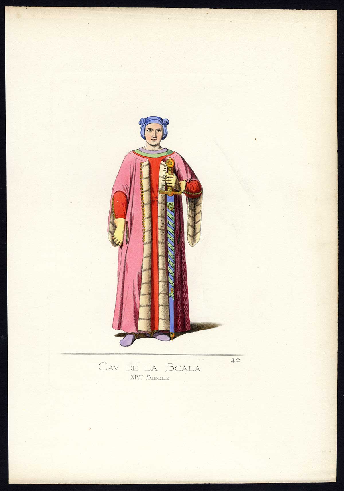, Antique Print-DELLA SCALA-ITALY-COSTUME-14TH CENTURY-PL 42-Bonnard-Mercuri-1860, Pictura Antique Prints