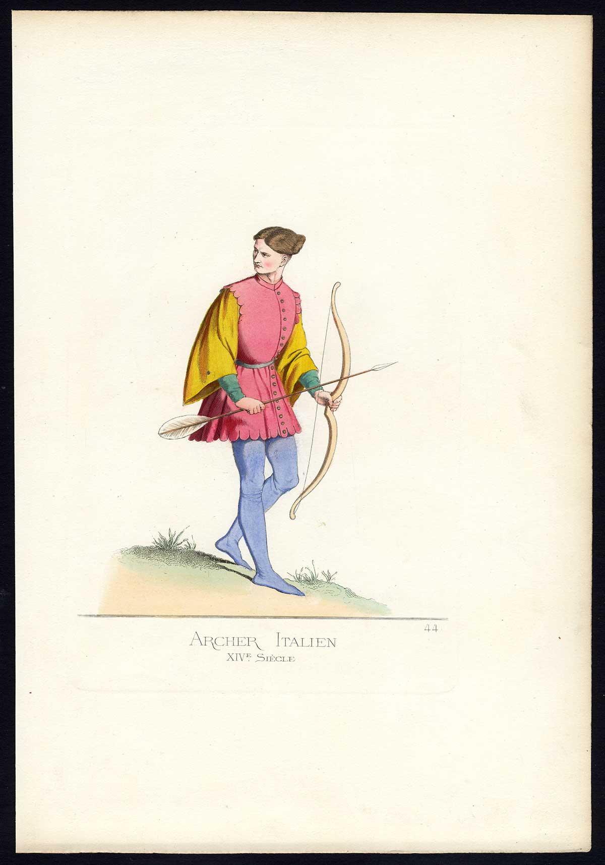 , Antique Print-ARCHER-ITALY-COSTUME-14TH CENTURY-PLATE 44-Bonnard-Mercuri-1860, Pictura Antique Prints