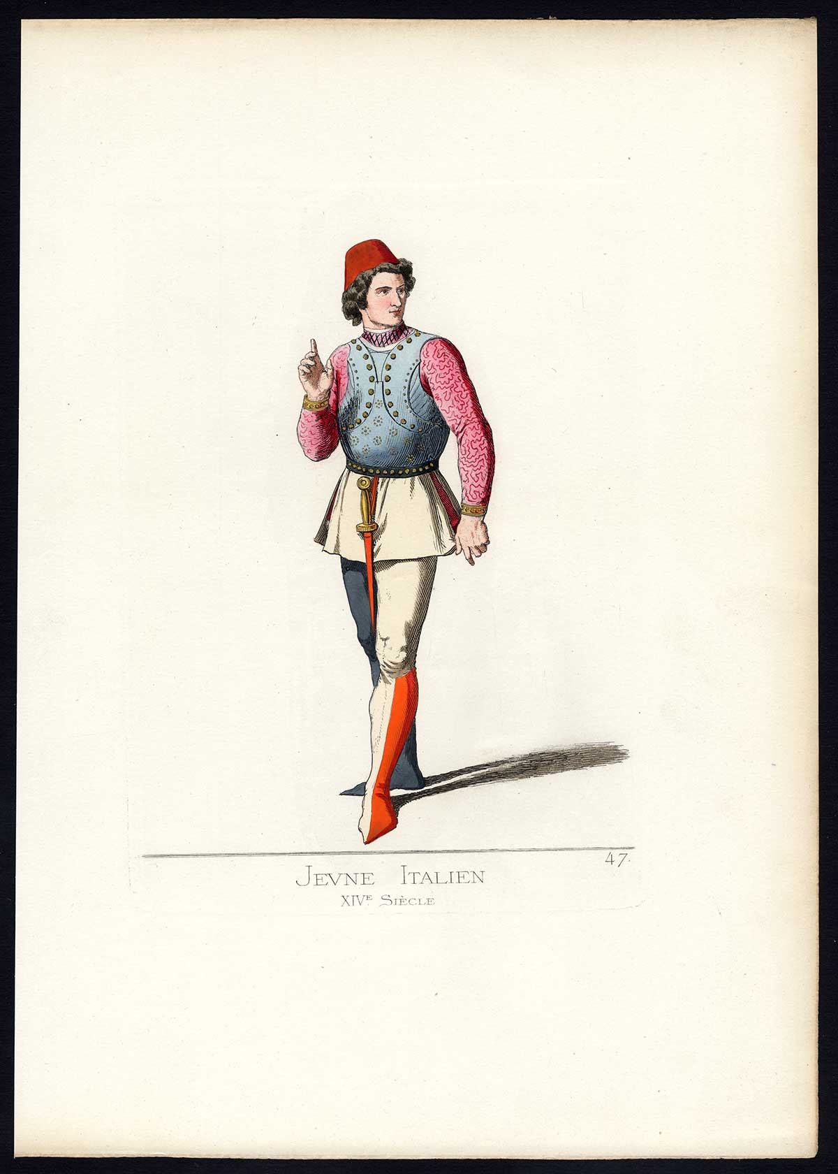 , Antique Print-ITALY-YOUNG MAN-COSTUME-14TH CENTURY-PLATE 47-Bonnard-Mercuri-1860, Pictura Antique Prints