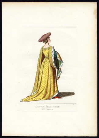 Antique Print-ITALY-YOUNG WOMAN-COSTUME-14TH CENTURY-PL 48-Bonnard-Mercuri-1860