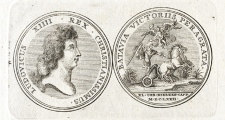, Antique print-COIN-LOUIS XIV-BETUWE-NIJMEGEN-NETHERLANDS-Arkstee-1733, Pictura Antique Prints
