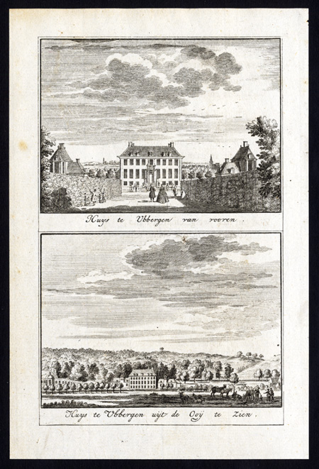 , 2 Antique prints-UBBERGEN-CASTLE-ESTATE-OOY-NIJMEGEN-NETHERLANDS-Arkstee-1733, Pictura Antique Prints