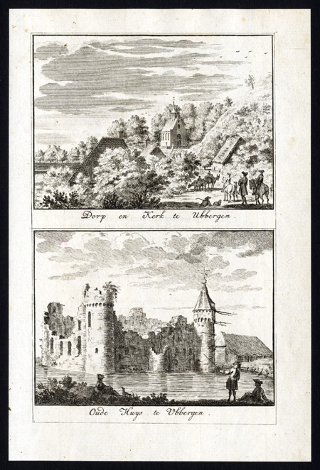 , 2 Antique prints-UBBERGEN-CASTLE-ESTATE-OOY-NIJMEGEN-NETHERLANDS-Arkstee-1733, Pictura Antique Prints