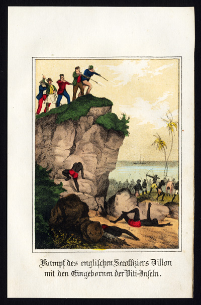 Lb1285 Antique Print-PETER DILLON-FIJI ISLANDS-BATTLE-NATIVES-Fritsche-1850