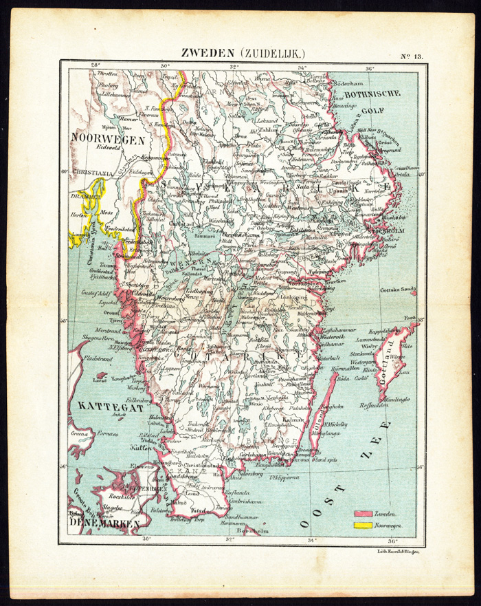 , Antique Map-SCANDINAVIA-SOUTHERN SWEDEN-Jacob Kuyper-1880, Pictura Antique Prints