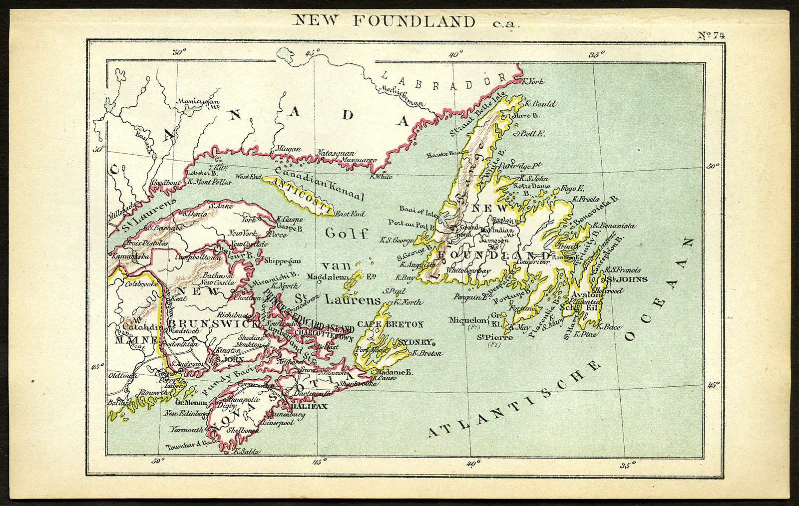 , Antique Map-NORTH AMERICA-NEWFOUNDLAND-CANADA-NOVA SCOTIA-Jacob Kuyper-1880, Pictura Antique Prints
