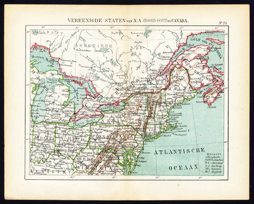 , Antique Map-NORTH AMERICA-USA-MAINE-PENNSYLVANIA-CANADA-Jacob Kuyper-1880, Pictura Antique Prints