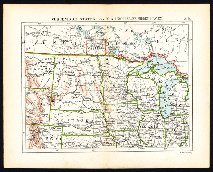 , Antique Map-NORTH AMERICA-USA-ILLINOIS-IOWA-NEBRASKA-MINNESOTA-Jacob Kuyper-1880, Pictura Antique Prints