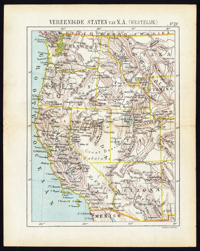 , Antique Map-NORTH AMERICA-USA-CALIFORNIA-OREGON-ARIZONA-NEVADA-Jacob Kuyper-1880, Pictura Antique Prints