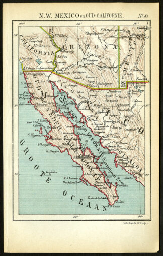 Antique Map-NORTH AMERICA-USA-CALIFORNIA-MEXICO-ARIZONA-Jacob Kuyper-1880
