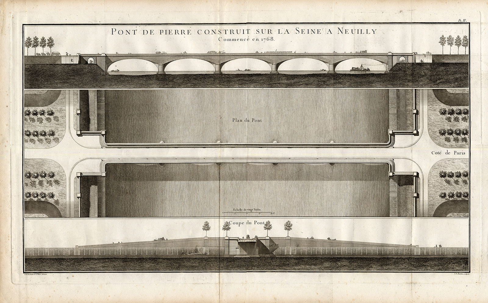, Antique Print-Pl.II-BRIDGE ENGINEERING-NEUILLY-STONE BRIDGE-Perronet-1782, Pictura Antique Prints