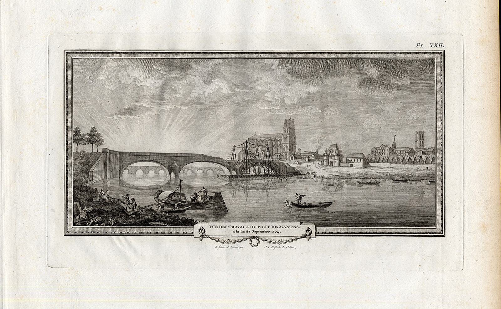 , Antique Print-Pl.XXII-RIVER BOAT-BRIDGE-SEINE-MANTES-CHURCH-Perronet-1782, Pictura Antique Prints