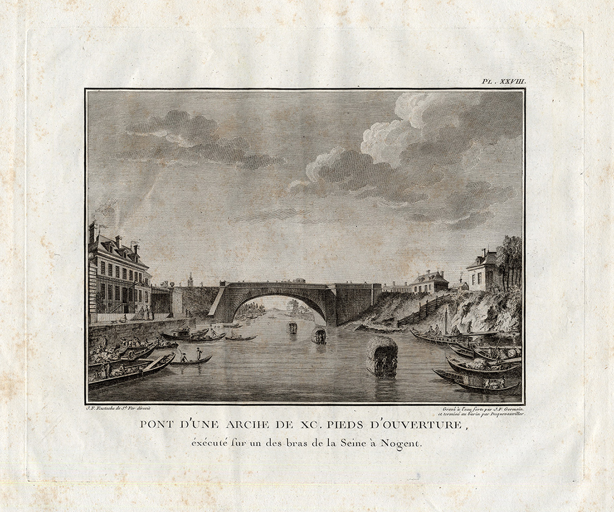 , Antique Print-Pl.XXVIII-BRIDGE-ONE ARCH-NOGENT-OISE-HAY FLOAT-Perronet-1782, Pictura Antique Prints