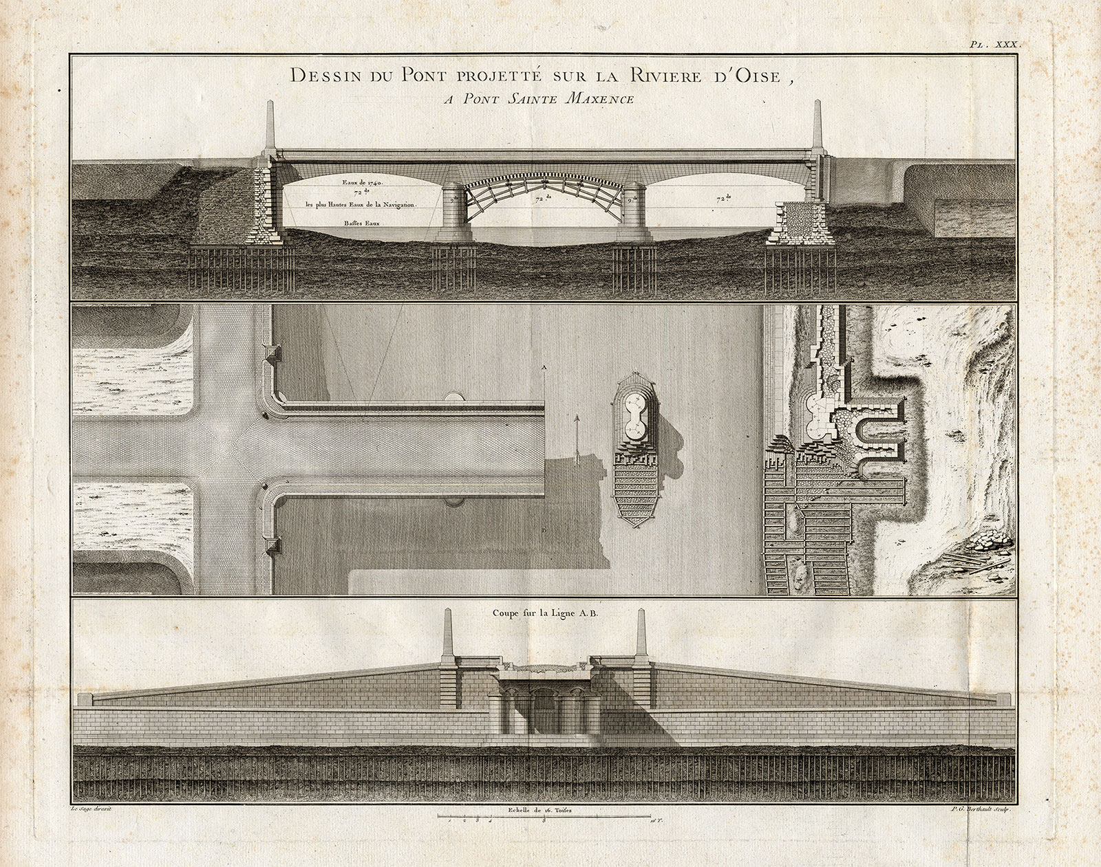 , Antique Print-Pl.XXX-BRIDGE-OISE-PONT SAINTE MAXENCE-DESIGN-Perronet-1782, Pictura Antique Prints