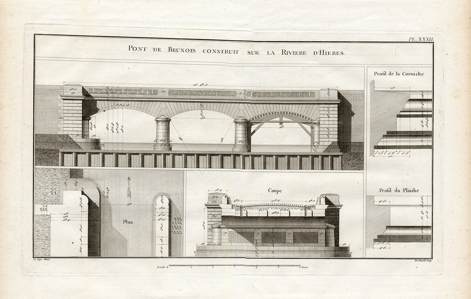 , Antique Print-Pl.XXXII-BRIDGE-HIERES-BRUNOIS-DESIGN-VIEW-Perronet-1782, Pictura Antique Prints