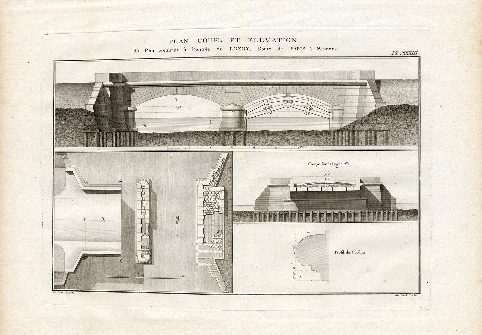 , Antique Print-Pl.XXXIII-BRIDGE-ROZOY-SEZANNE-PARIS-ENGINEERING-Perronet-1782, Pictura Antique Prints