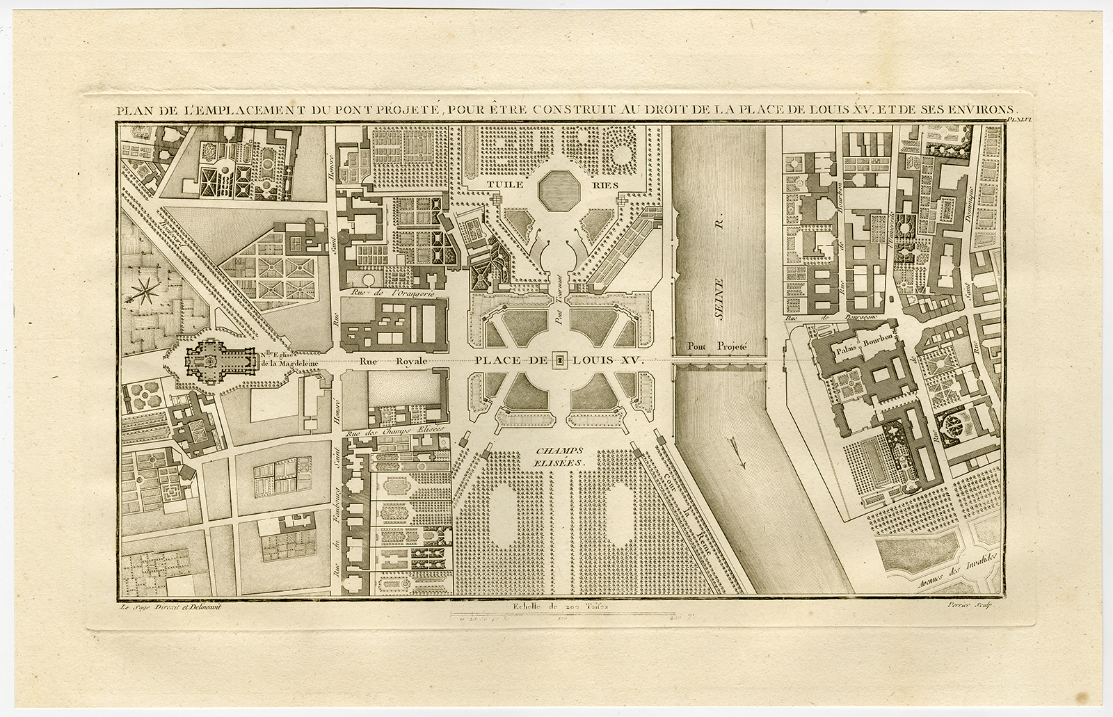, Antique Map-Pl.XLVI-PARIS-SEINE-PLACE LOUIS XV-TUILERIES-BRIDGE-Perronet-1782, Pictura Antique Prints