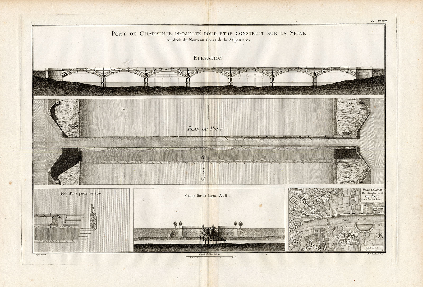 , Antique Print-Pl.XLVIII-PARIS-SEINE-PONT AUSTERLITZ-WOODWORK FRAME-Perronet-1782, Pictura Antique Prints