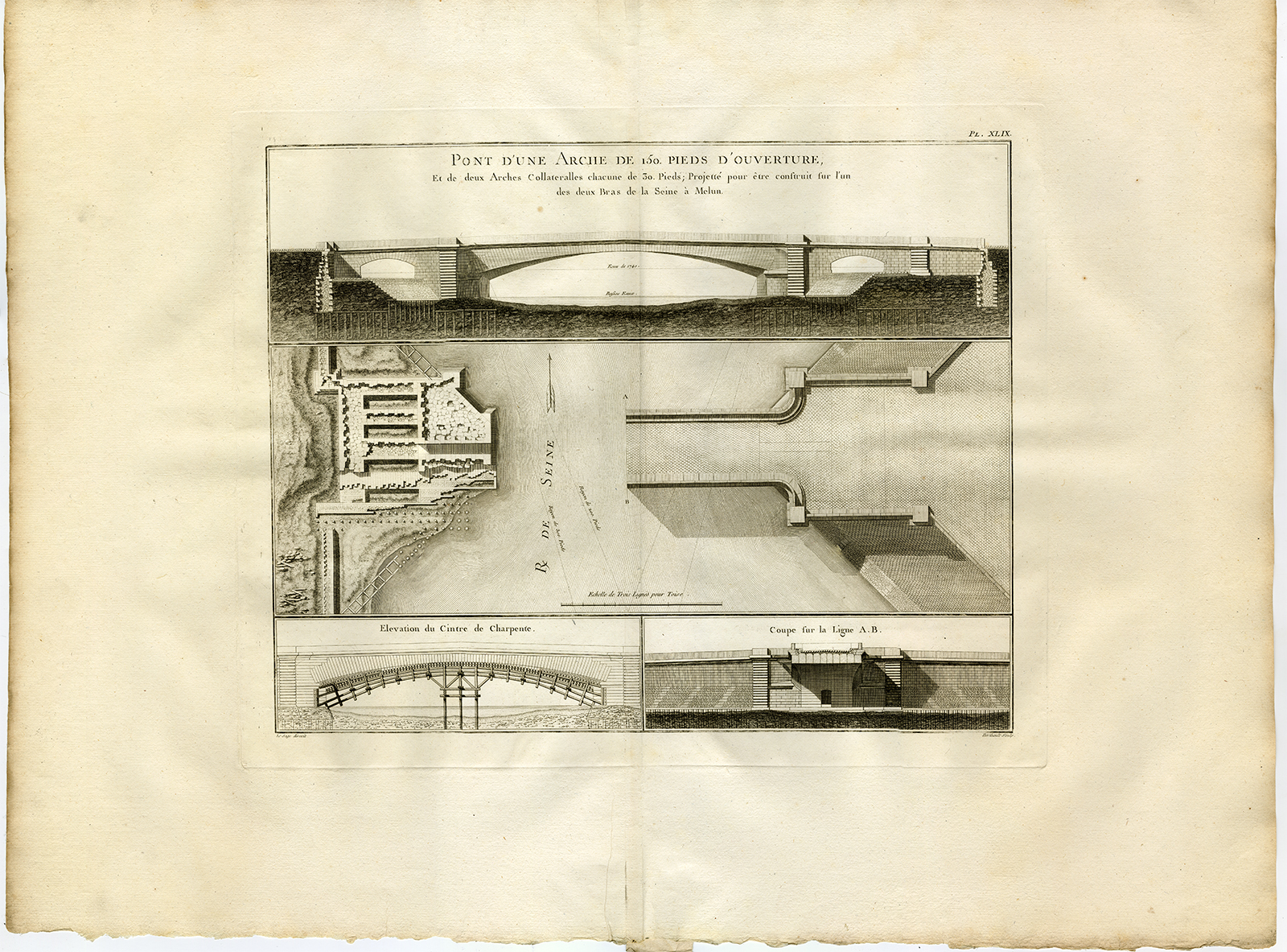 , Antique Print-Pl.XLIX-ENGINEERING-BRIDGE-SEINE-MELUN-SCAFFOLD-Perronet-1782, Pictura Antique Prints