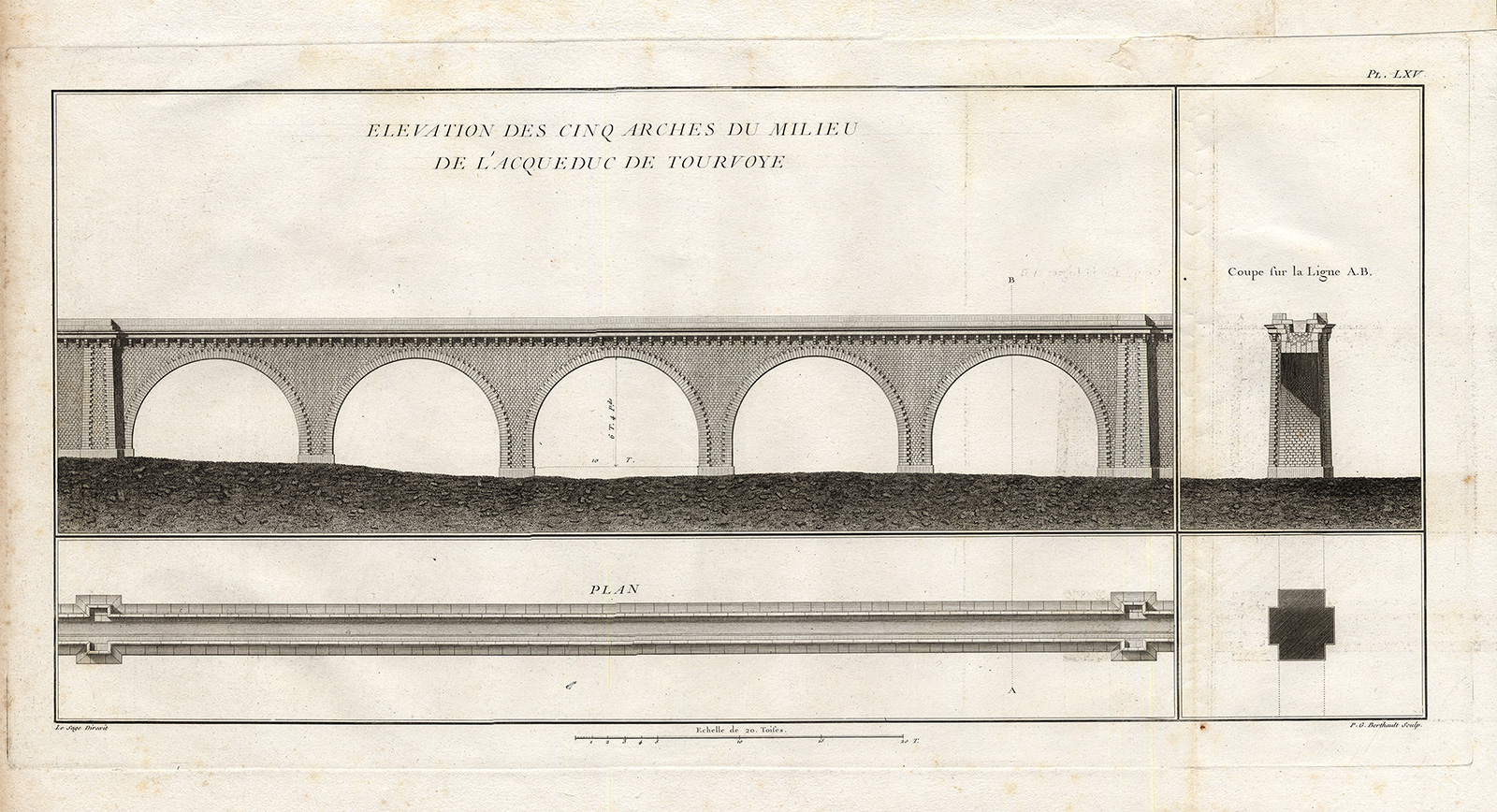 , Antique Print-Pl.LXV-TOURVOYE-AQUADUCT-ELEVATION-CROSS SECTION-Perronet-1782, Pictura Antique Prints