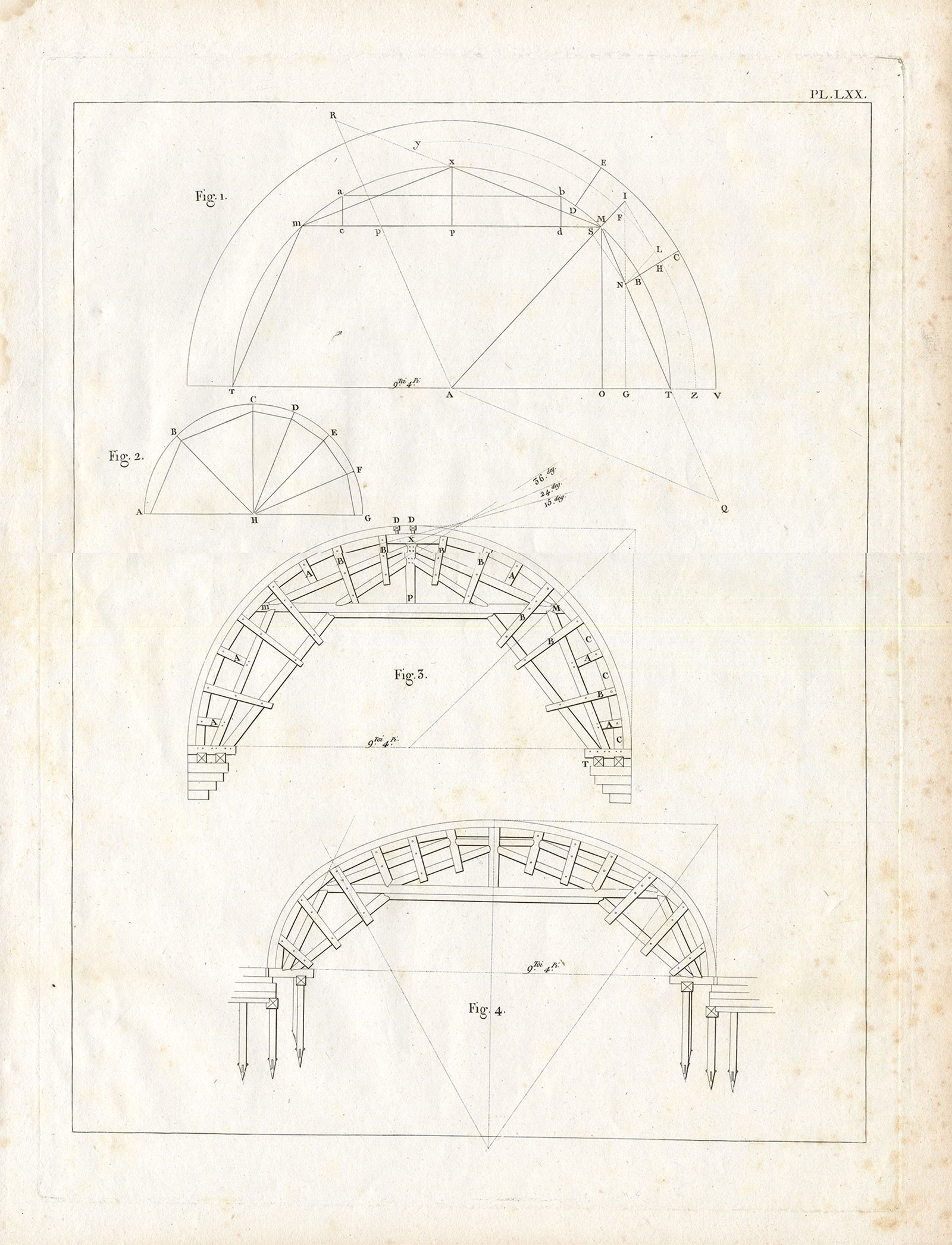 , 4 Antique Prints-P.LXX-LXXIII-ENGINEERING-BRIDGE-CONSTRUCTION-ARCH-Perronet-1782, Pictura Antique Prints