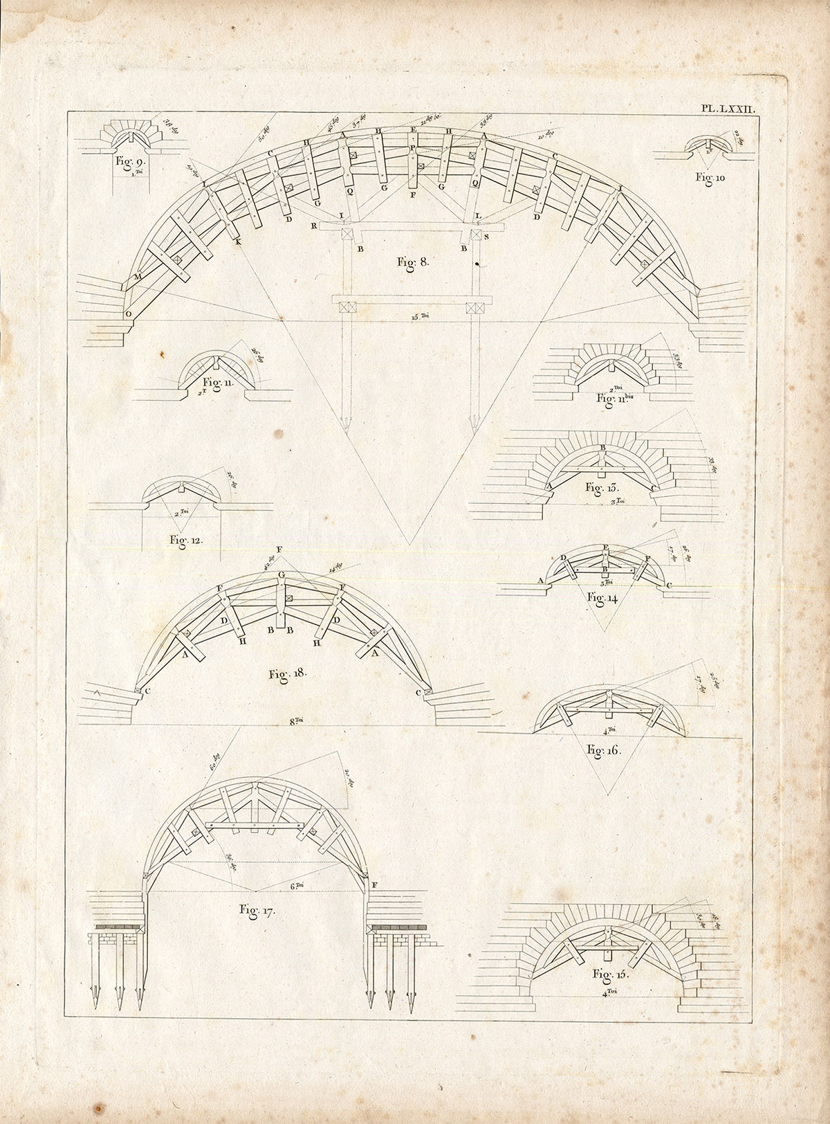 , 4 Antique Prints-P.LXX-LXXIII-ENGINEERING-BRIDGE-CONSTRUCTION-ARCH-Perronet-1782, Pictura Antique Prints