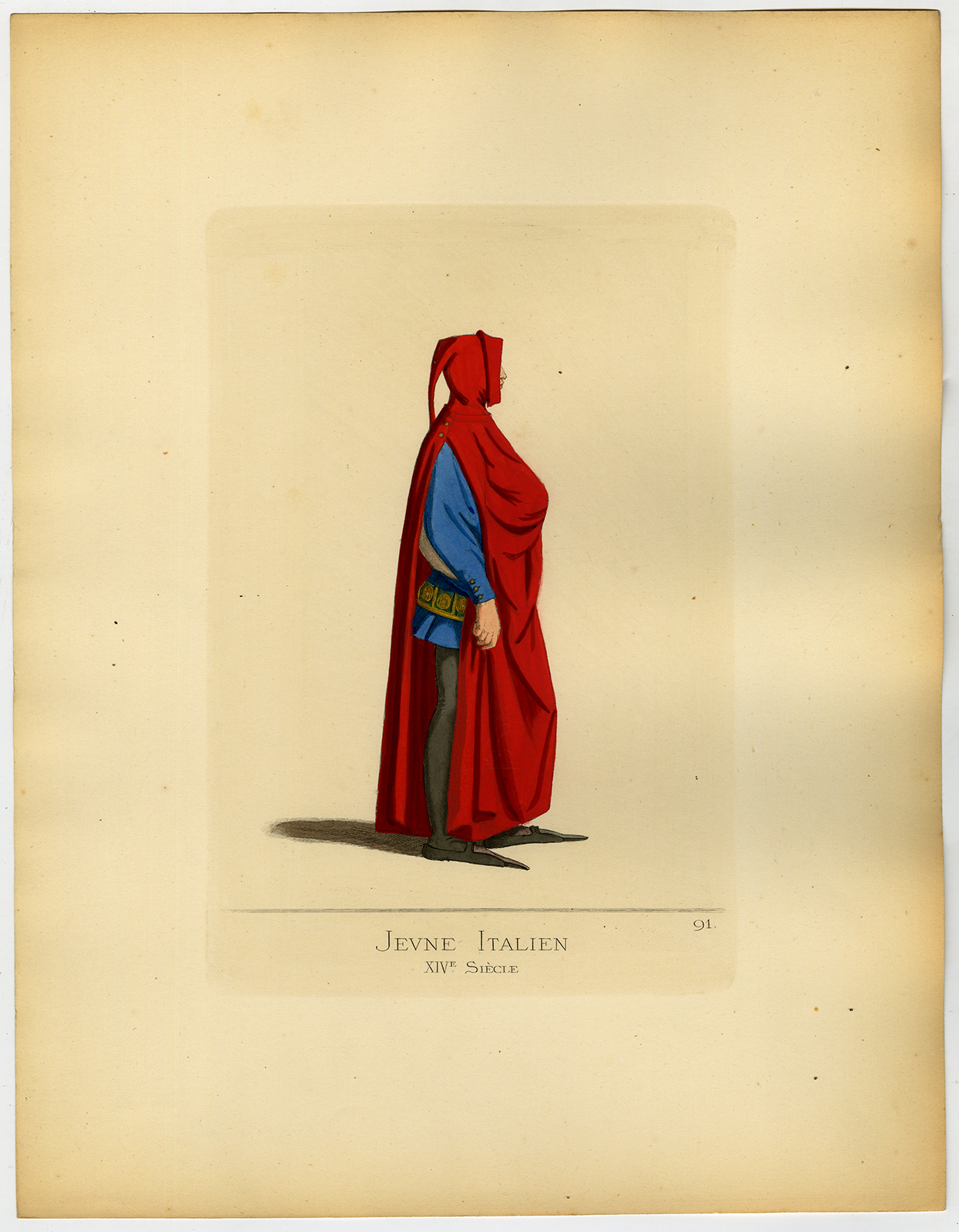 , Antique Print-YOUNG ITALIAN MAN-COSTUME-14TH CENTURY-PL 91-Bonnard-Mercuri-1860, Pictura Antique Prints