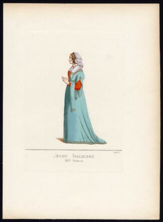 Antique Print-ITALY-WOMAN-COSTUME-14TH CENTURY-PLATE 120-Bonnard-Mercuri-1860