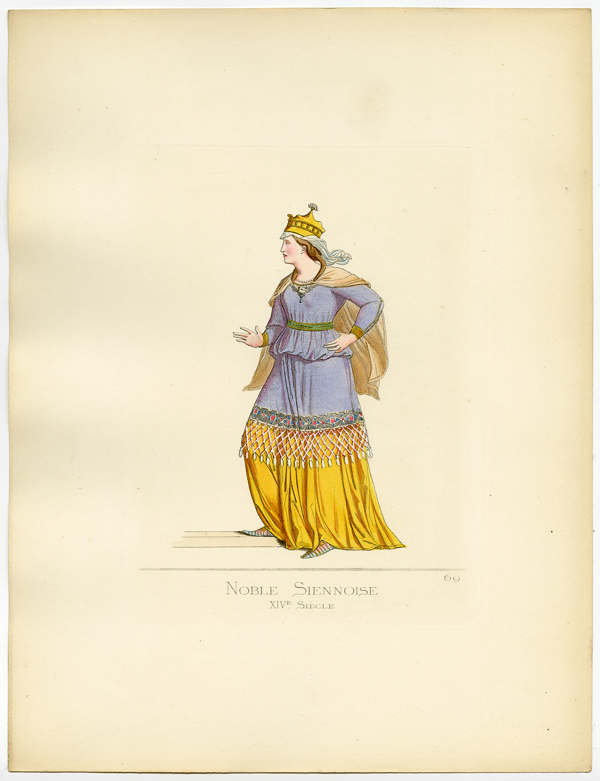 , Antique Print-NOBLE WOMAN-SIENA-ITALY-14TH CENTURY-PLATE 69-Bonnard-Mercuri-1860, Pictura Antique Prints