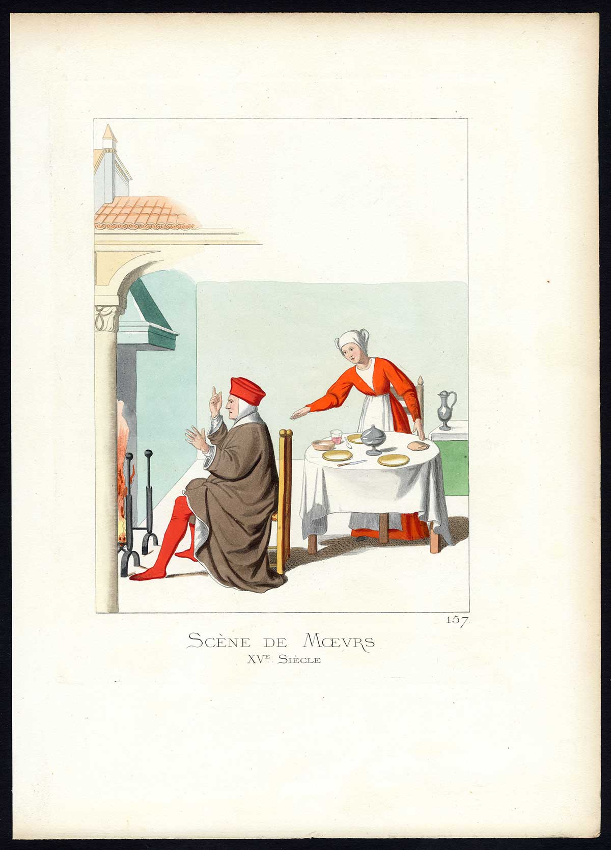 , Antique Print-HABITS-KITCHEN-COSTUME-15TH CENTURY-PLATE 157-Bonnard-Mercuri-1860, Pictura Antique Prints