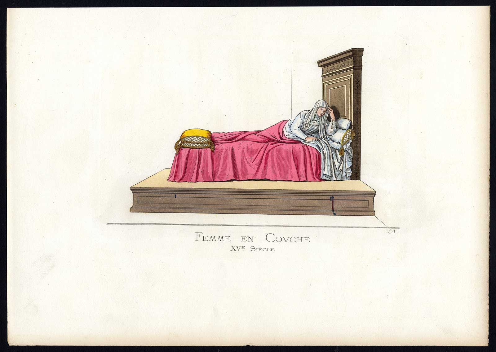 , Antique Print-WOMAN-ITALY-BED-COSTUME-15TH CENTURY-PL 151-Bonnard-Mercuri-1860, Pictura Antique Prints